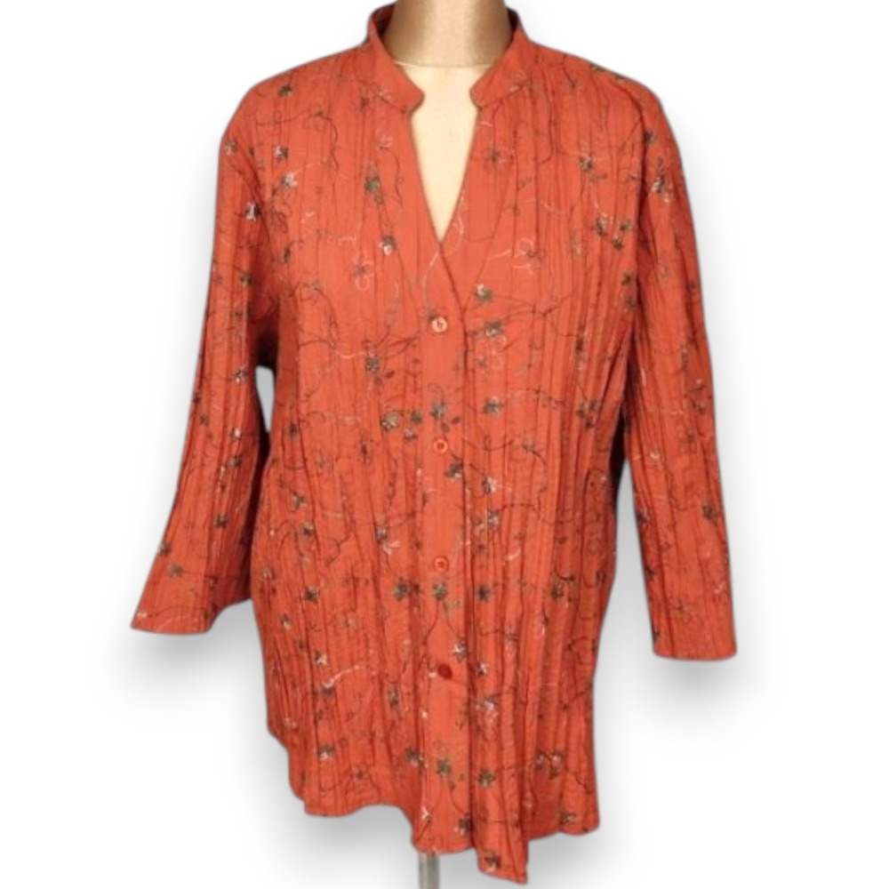 Dressbarn 3X Button Up Blouse Orange Floral Embroidered V-Neck Boho
